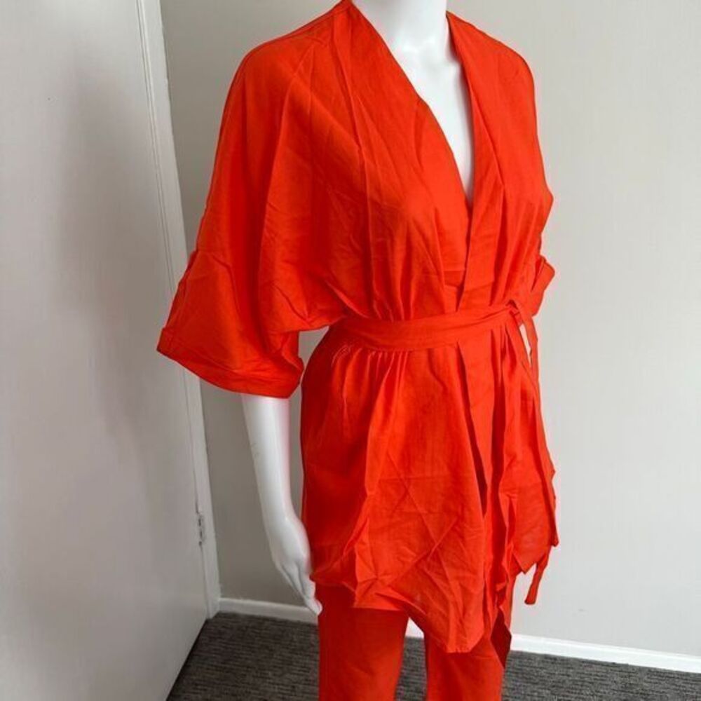 Commense Linen Cotton Orange Two-Piece Set Kimono-Style Top Wide-Leg Pant Outfit - Picture 8 of 16